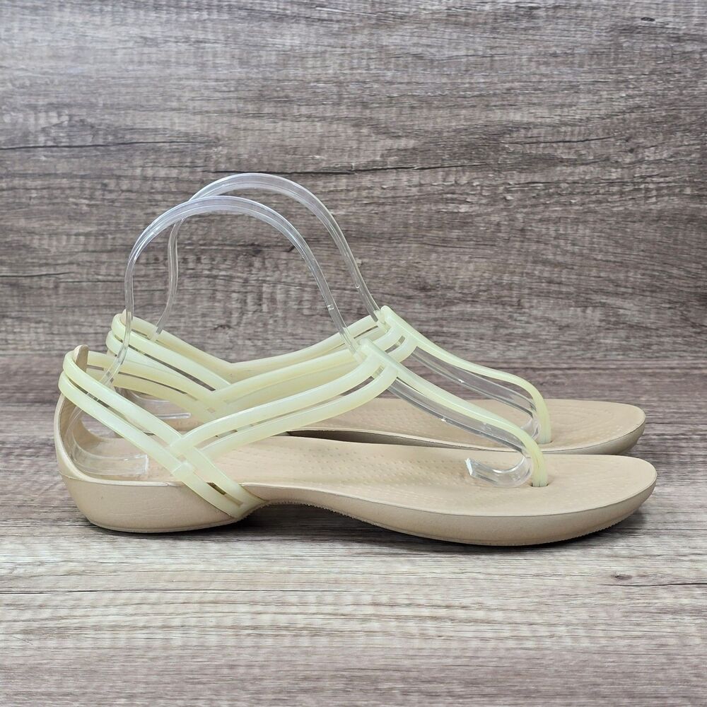 Crocs Isabella T-Strap Women's Sz 9 Beige Tan Comfort Lightweight Sandals 202467